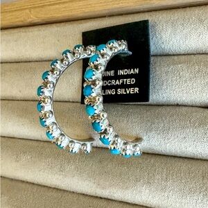 Zuni handmade turquoise sterling silver hoop earrings by Murray Hannawee…